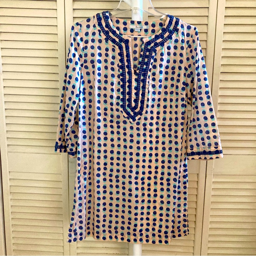 Boden Beach Coverup Tunic, Cotton, Tan&Blue, Side Split Hem, V-Neck, Size 8
